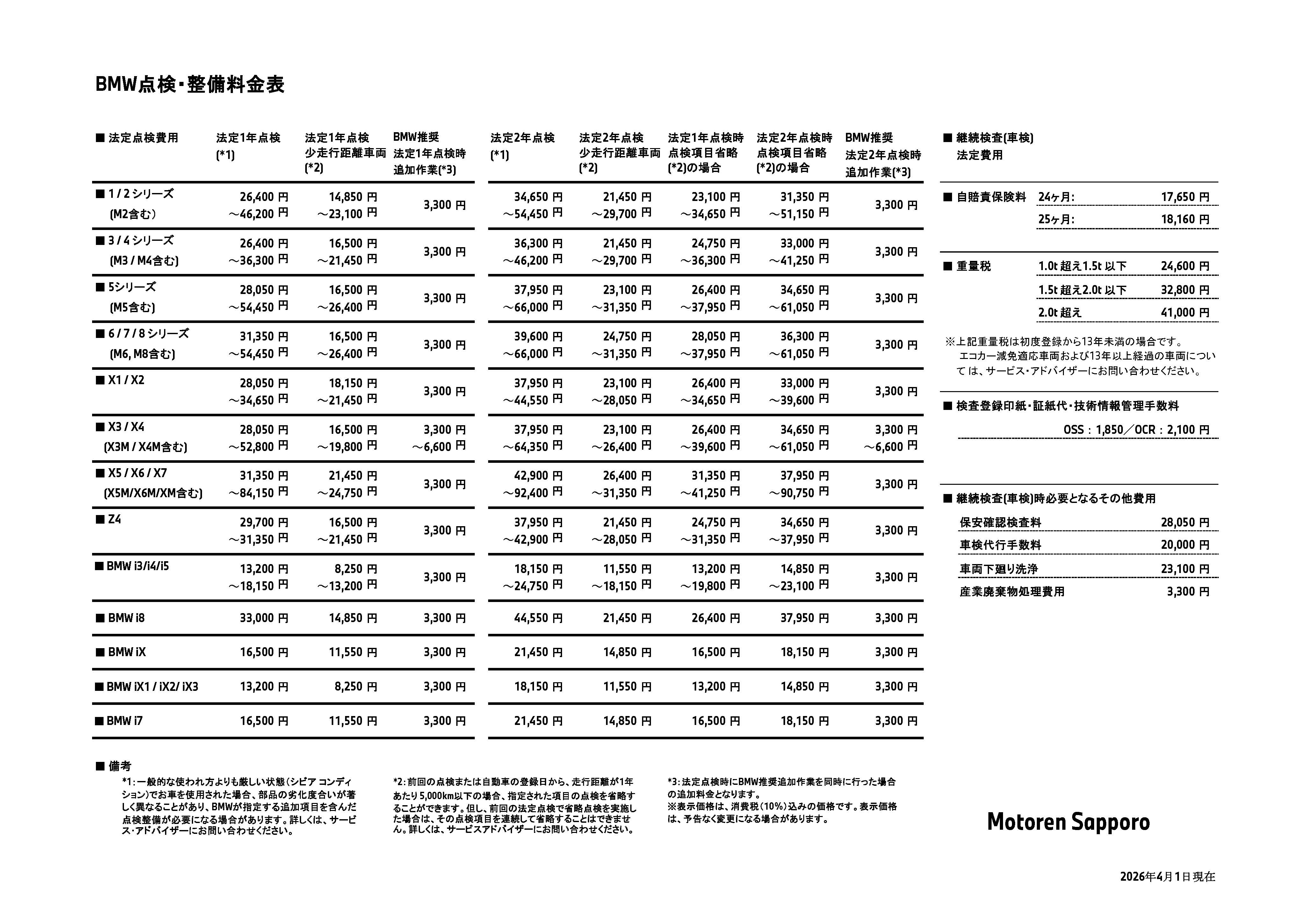 点検整備料金表