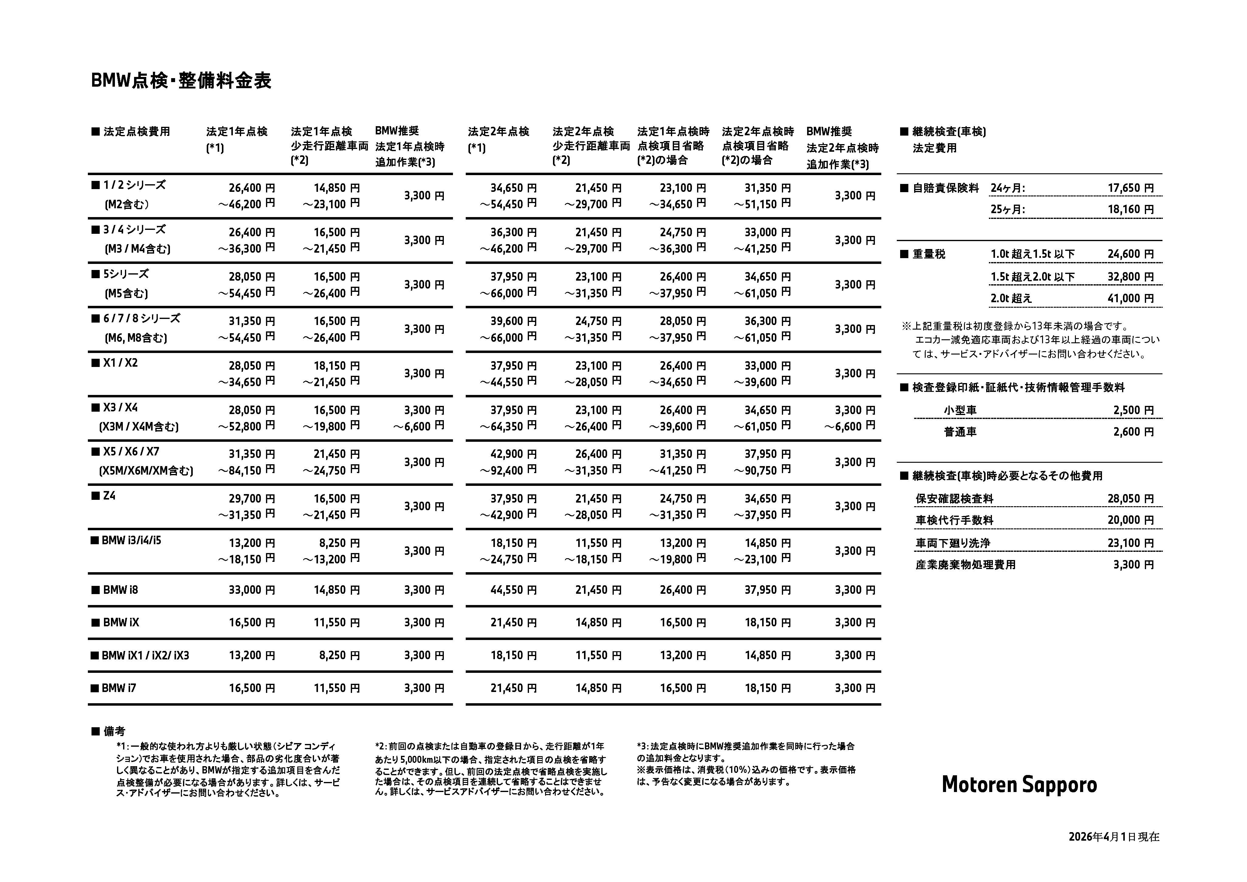 点検整備料金表